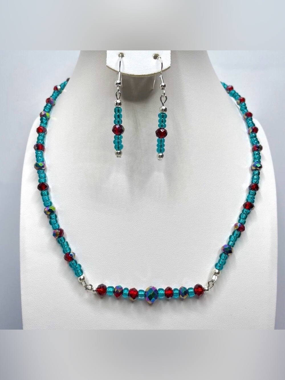 Stunning Red AB Crystal Teal Blue Glass Seed Bead Bar Necklace Earrings Set